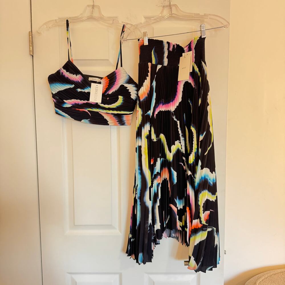NWT A.L.C. Sonali Pleated Skirt Sula Crop Top Set Abstract Tie Dye 2/4 S Rave